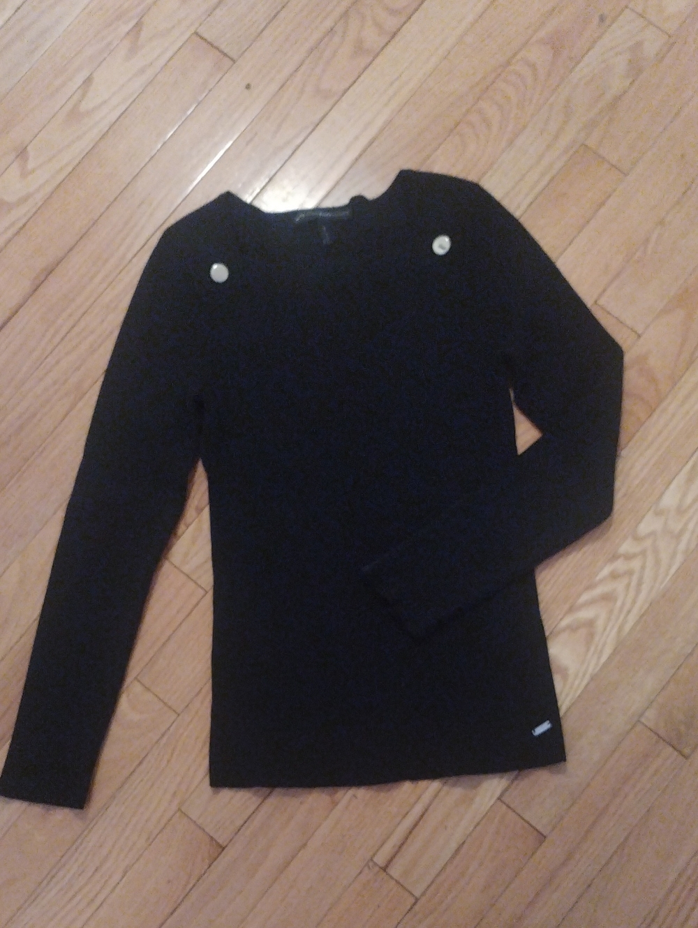 White House Black Market Ribbed Black Gold Button-Shoulder Square Neck Sweater